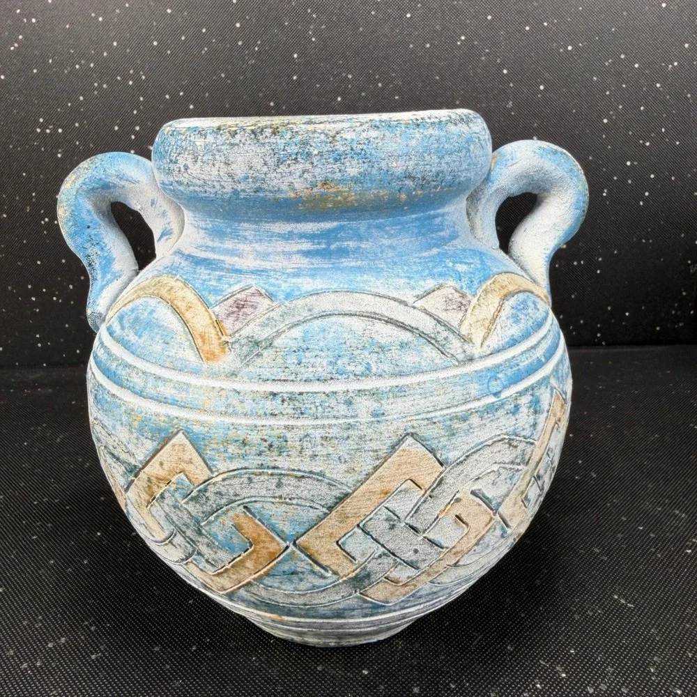 Andalusia Spain Studio Pottery Vase Blue White Geometric Carved 6in Handle VTG